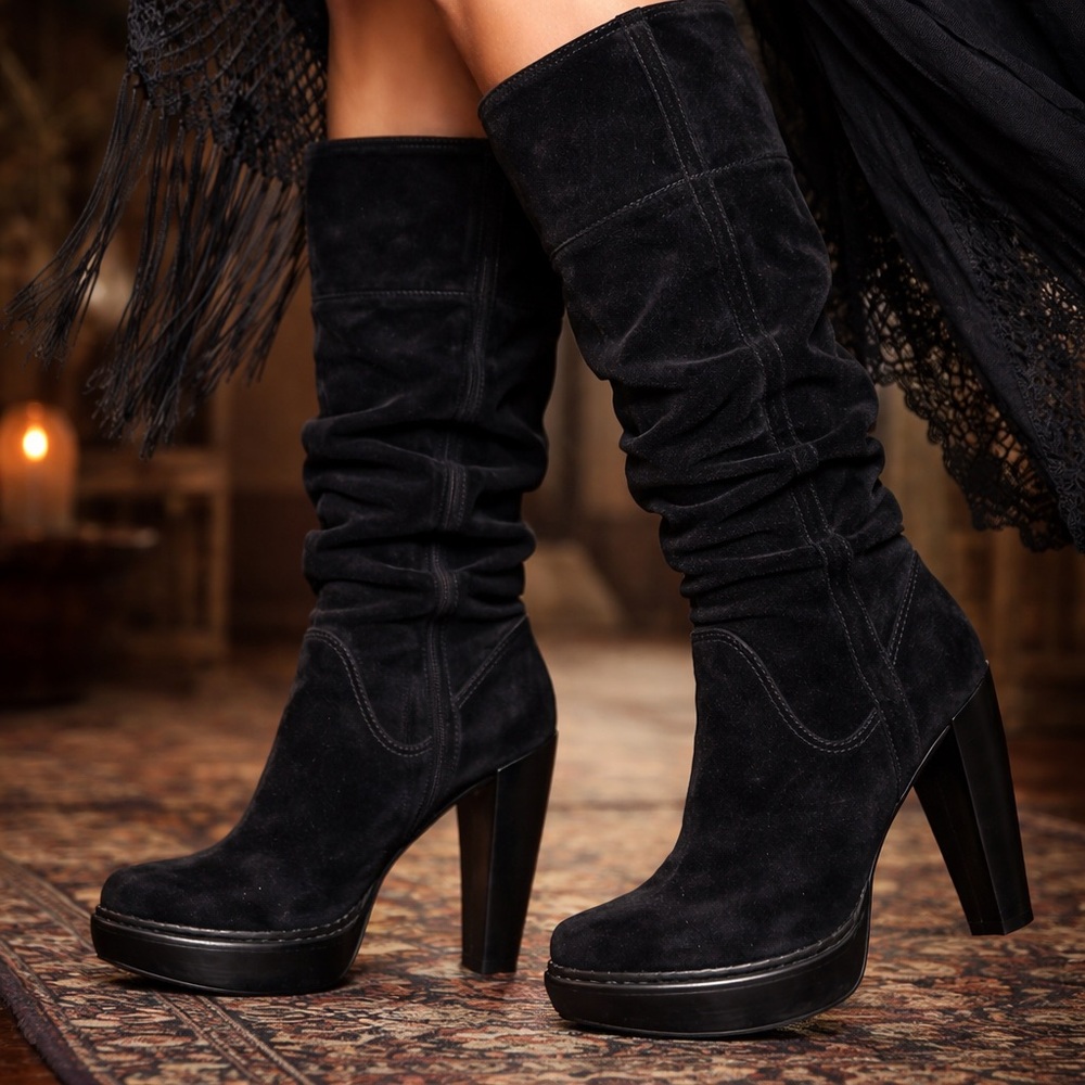 Michael Kors Y2K Black Suede SlouchyKnee-High Platform Boots Block Heel Size 7.5